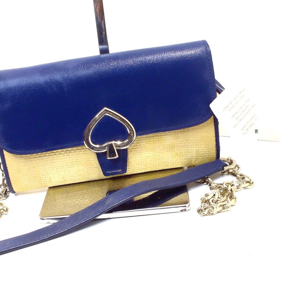 KATE SPADE ROBY, Navy Blue and Straw Wallet on Chain, Gold Hardware